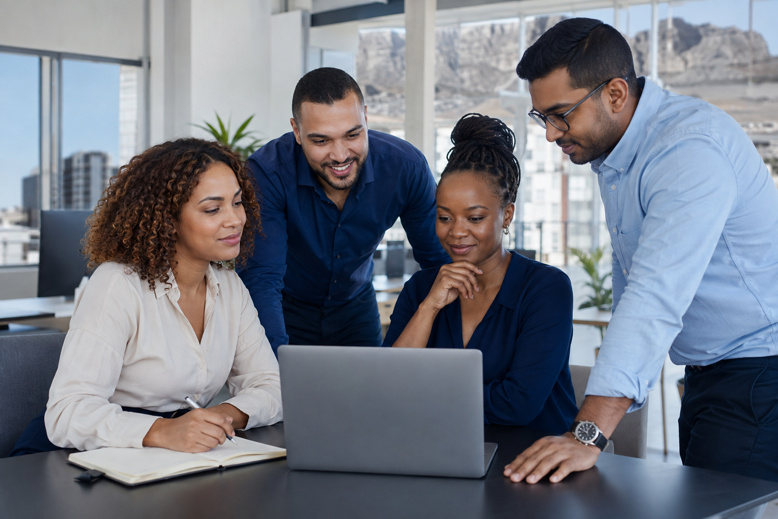 Technology professionals collaborating on a project in a bright South African office